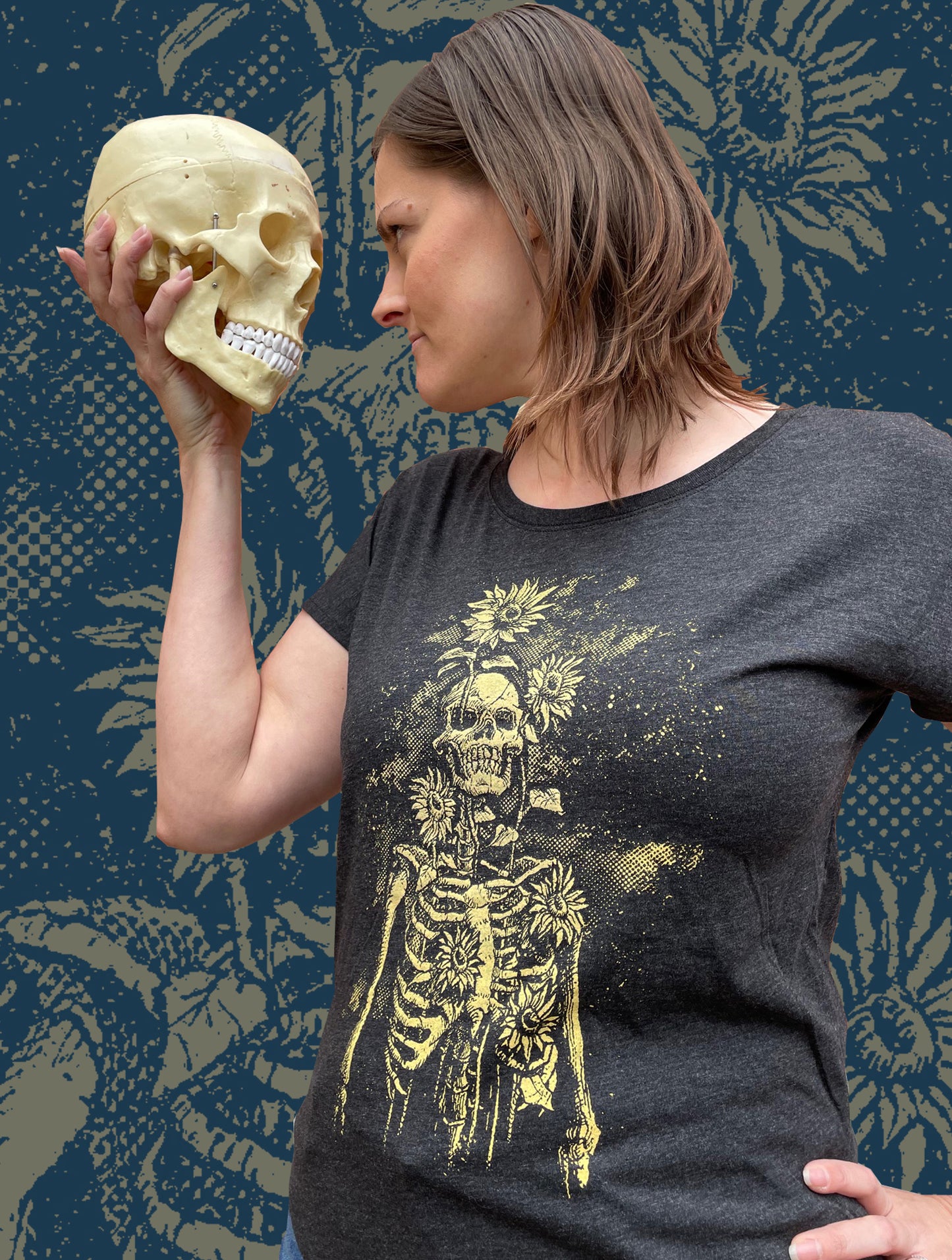 Sunflowers and Skeletons - Ladies Tri-blend Dolman Shirt