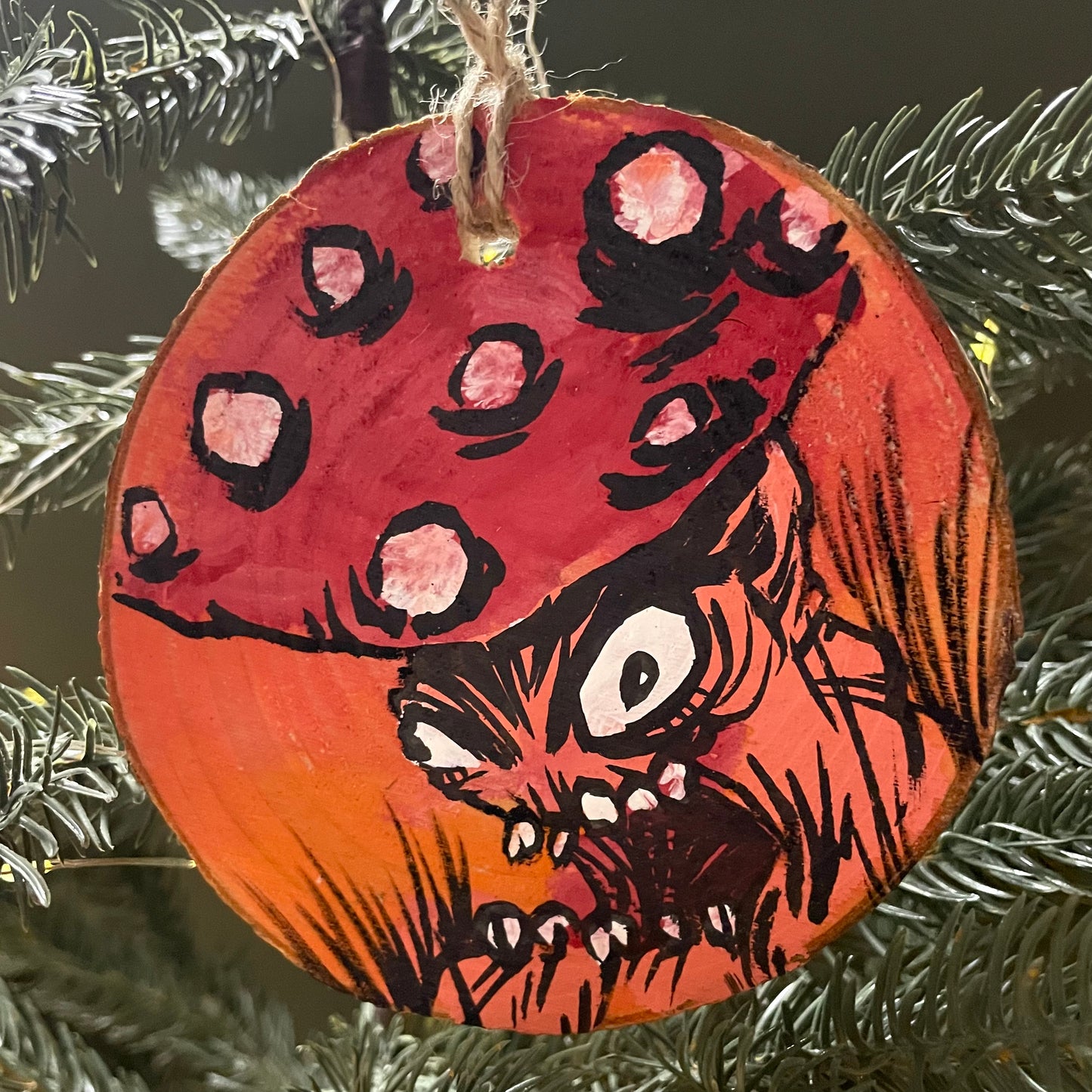 CREEPY MUSHROOM ORNAMENT - One of a kind hand painted ornament: MUSH-05